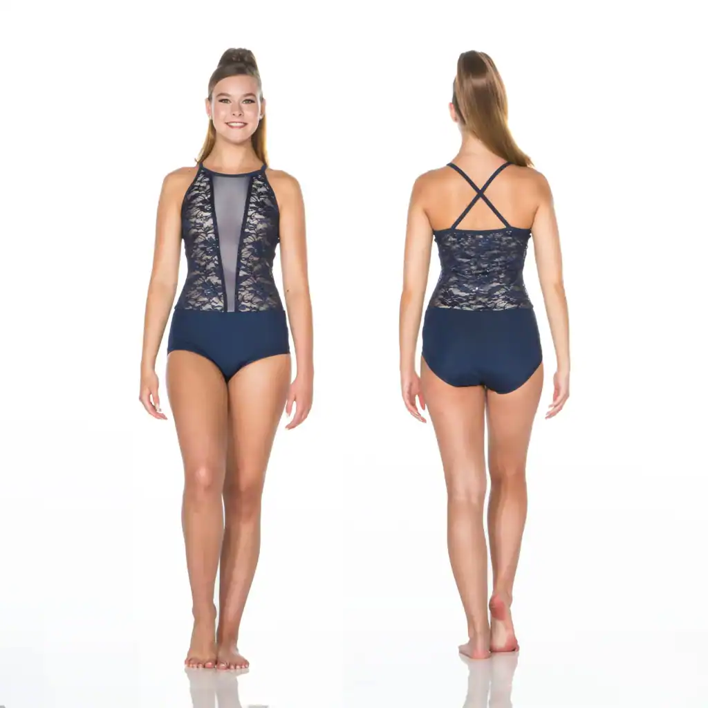 Front and back views of navy lace one-piece swimsuit