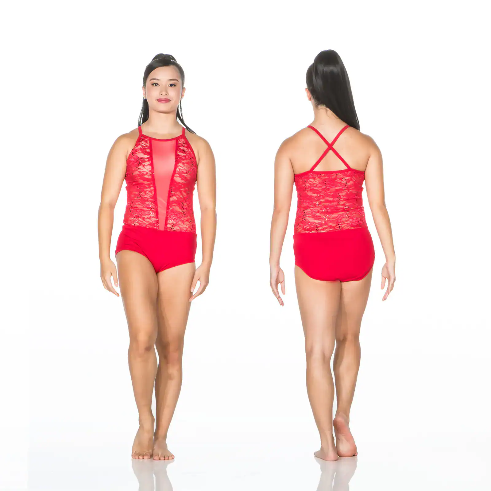 Front and back views of red lace dance leotard