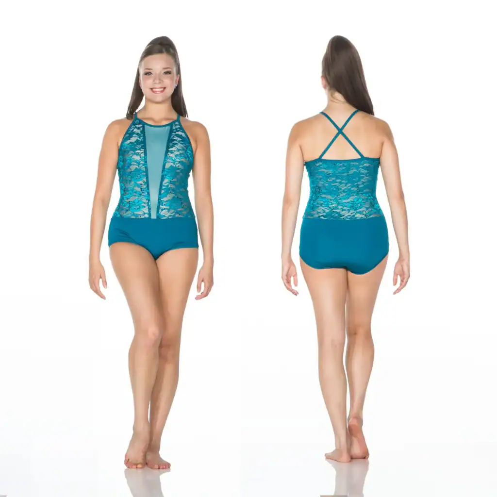 Front and back views of teal lace dance leotard
