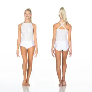 Front and back views of white embellished leotard