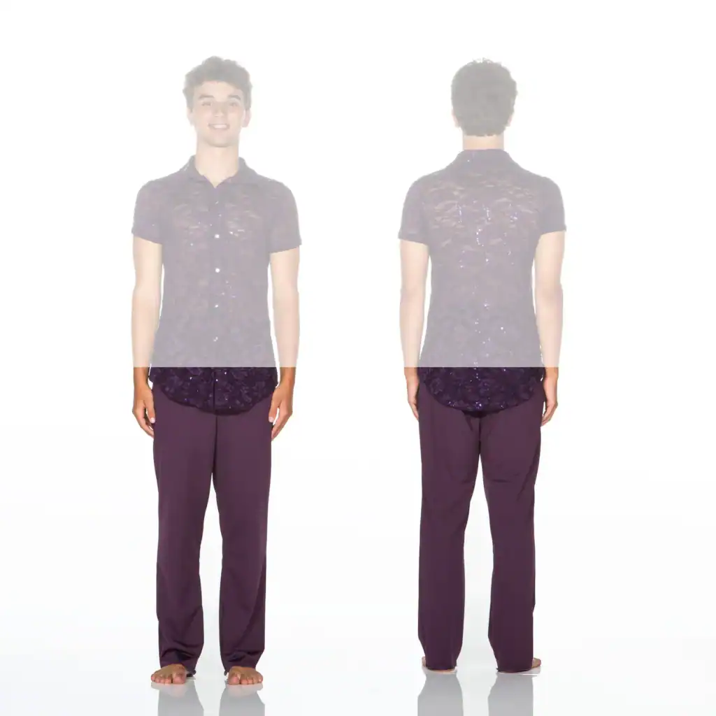 Male model wearing a purple patterned shirt and trousers