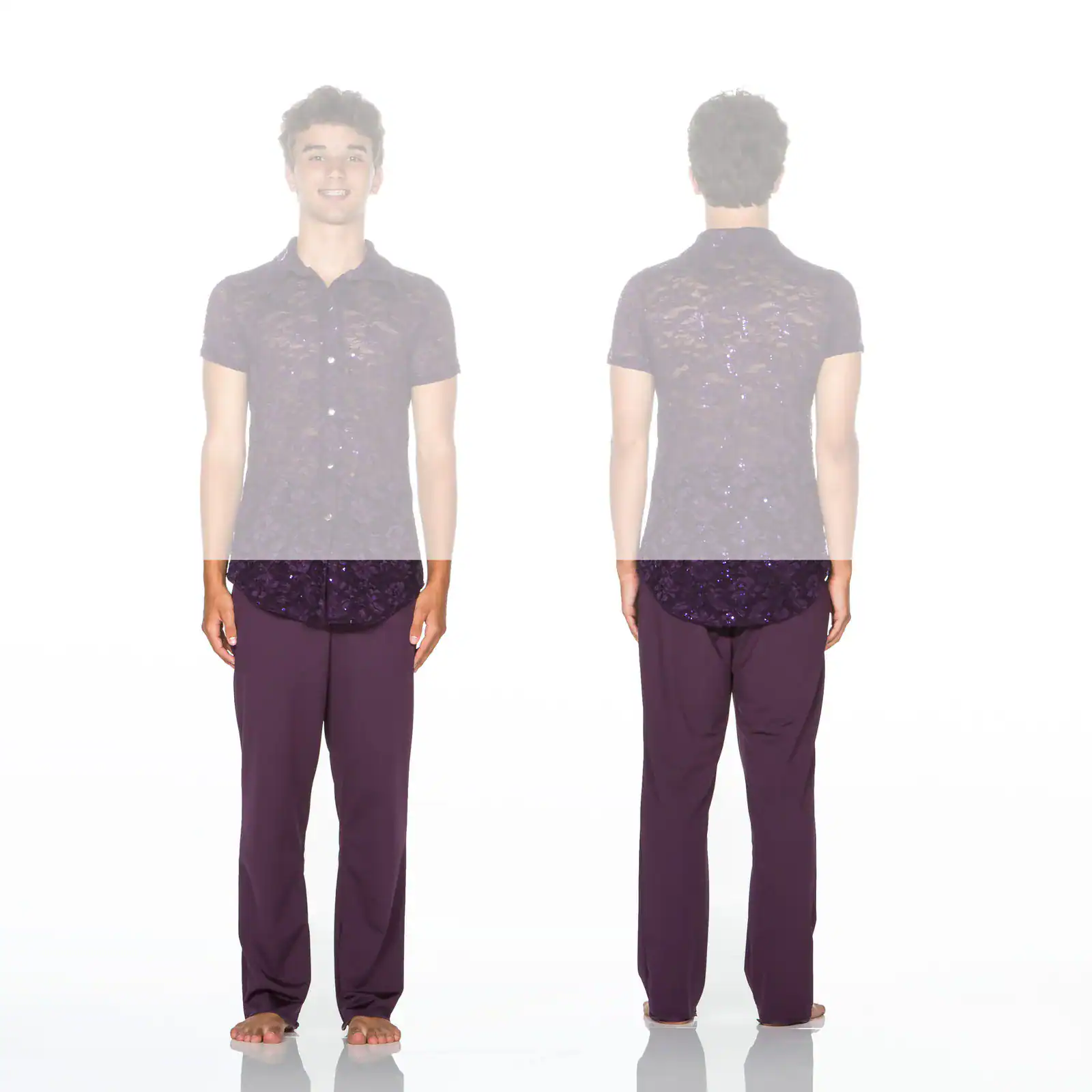Front and back views of man in purple sequin shirt