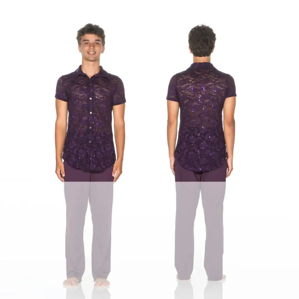 Front and back views of purple lace button-up shirt