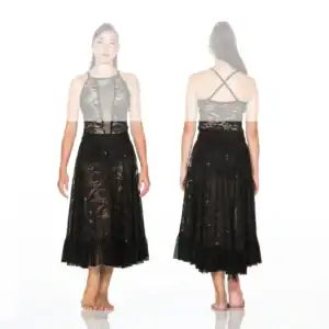 Front and back views of black lace midi dress