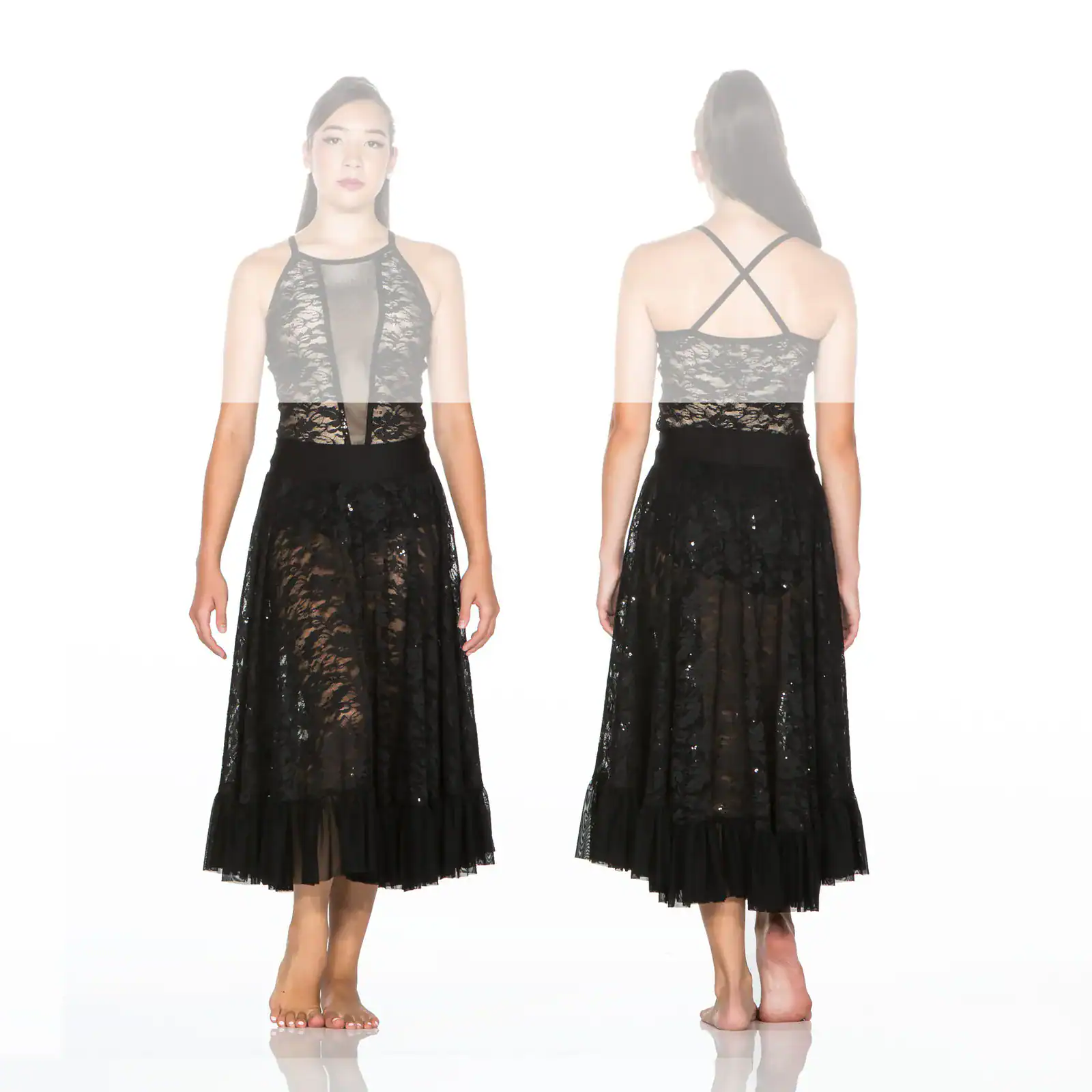 Front and back views of black lace midi dress