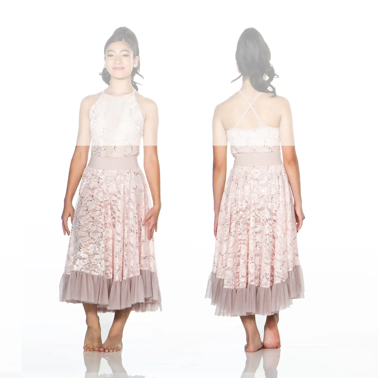 Front and back views of pink lace halter dress