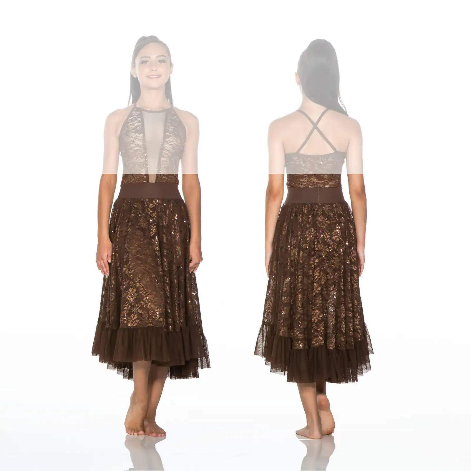 Front and back views of brown lace evening dress