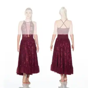 Front and back views of burgundy lace dance dress
