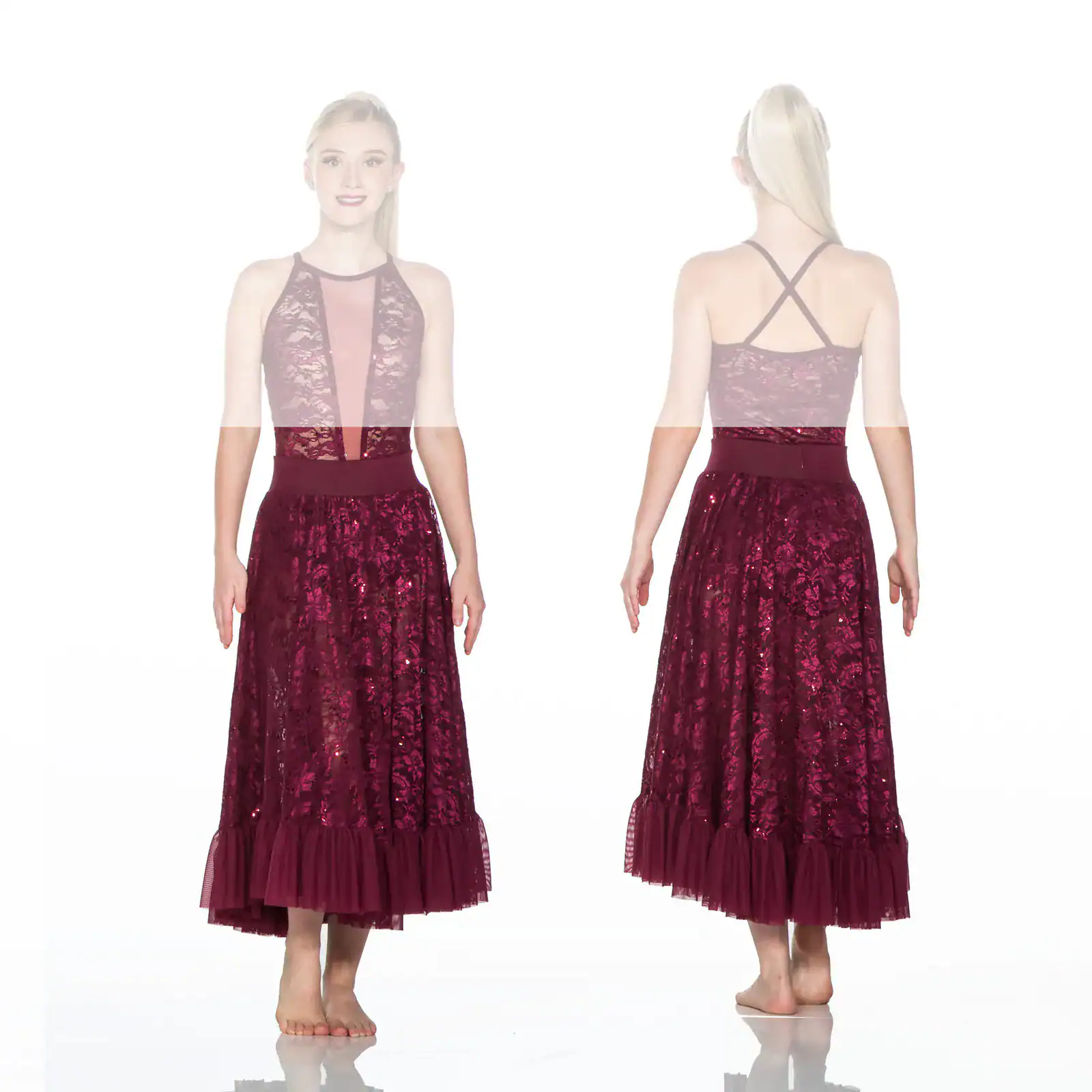 Front and back views of burgundy lace dance dress