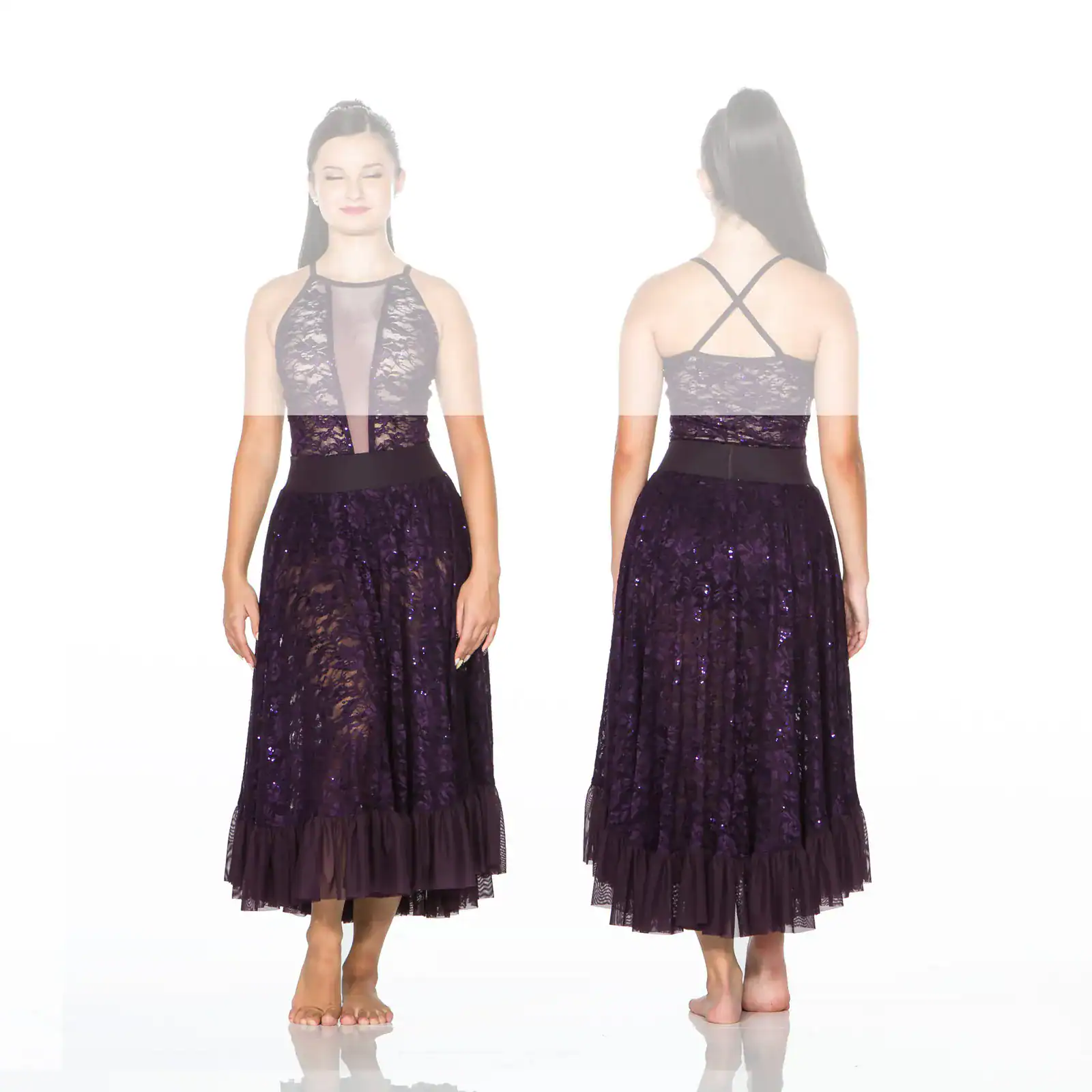 Front and back views of woman in purple lace dress