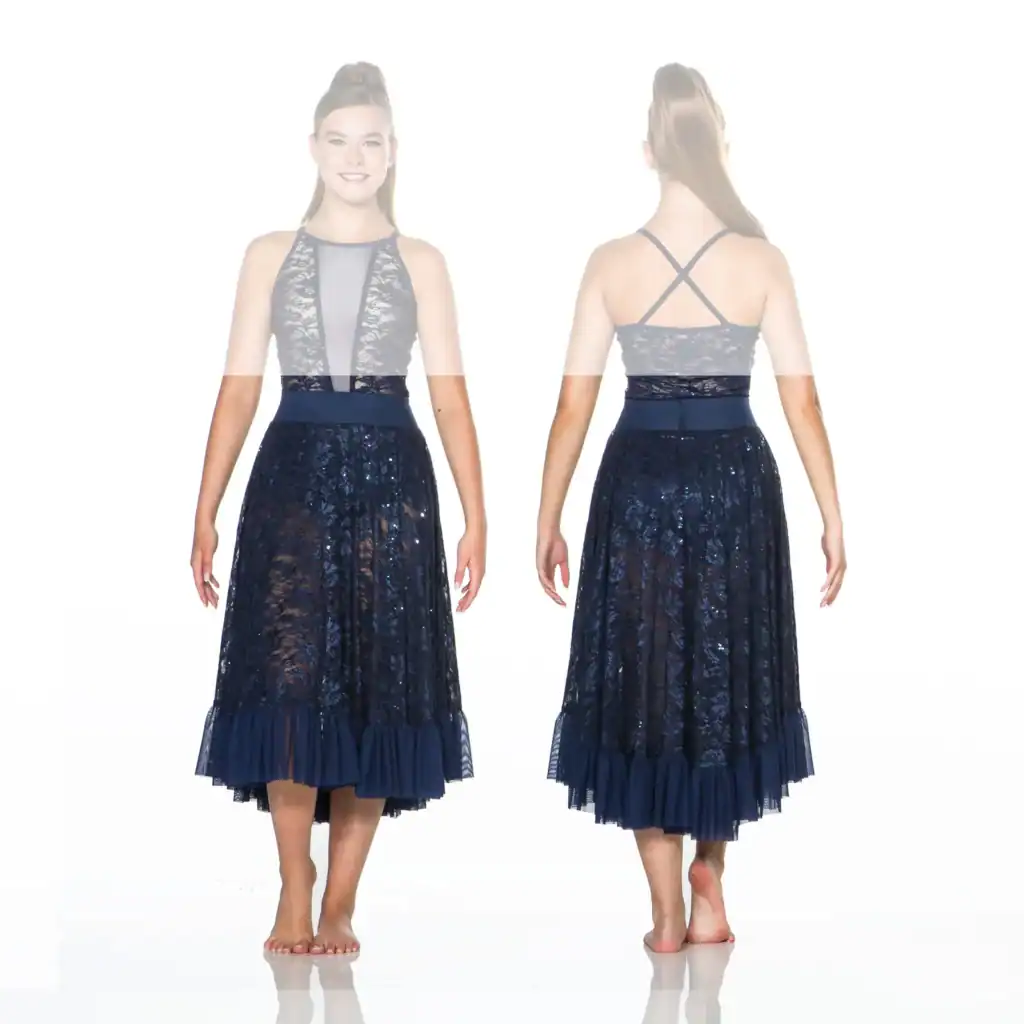 Front and back views of navy lace cocktail dress
