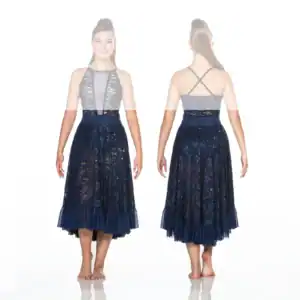 Front and back views of navy lace cocktail dress