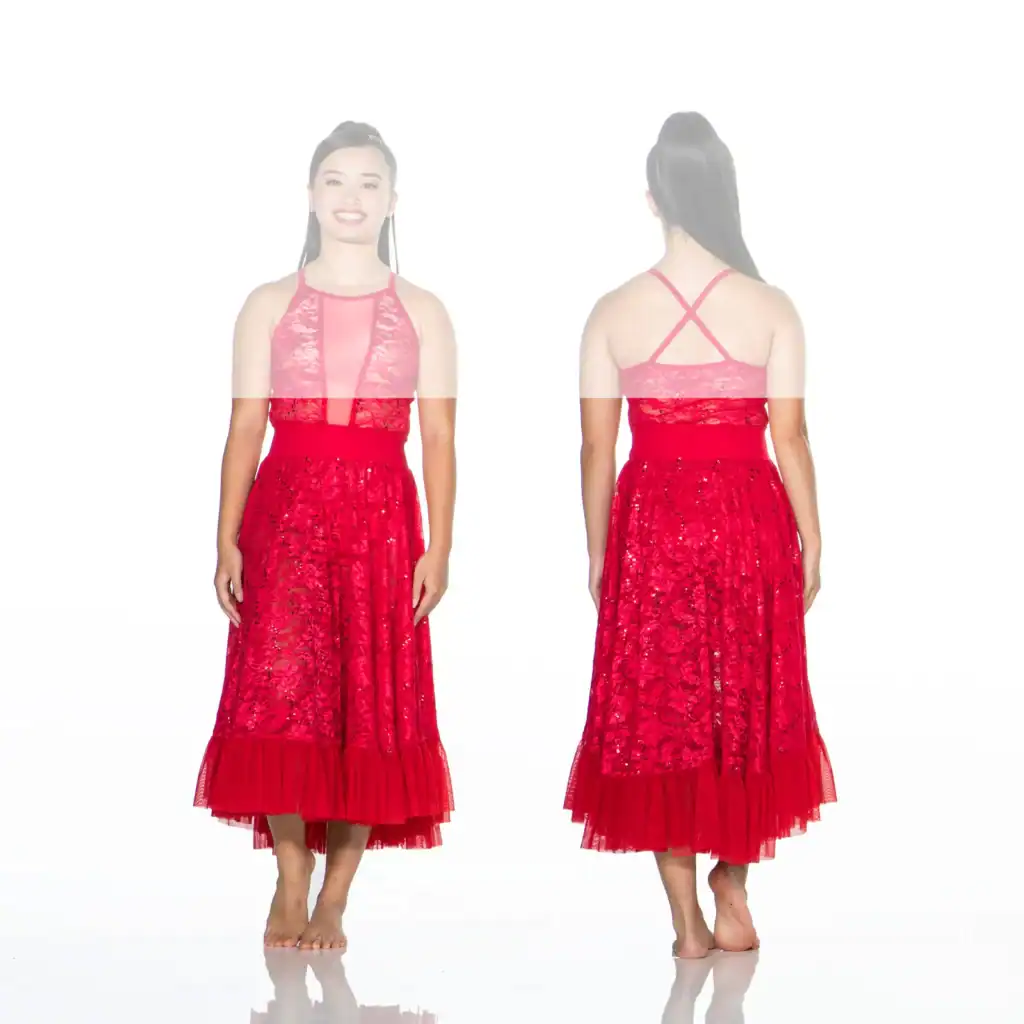 Front and back views of red lace dance dress
