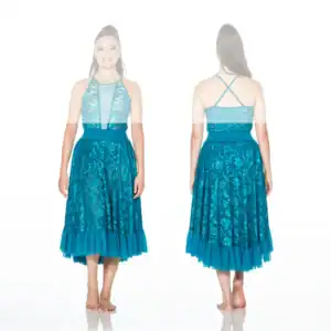 Front and back views of teal sequined halter dress