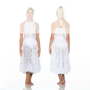 Front and back views of white sequined lace dress