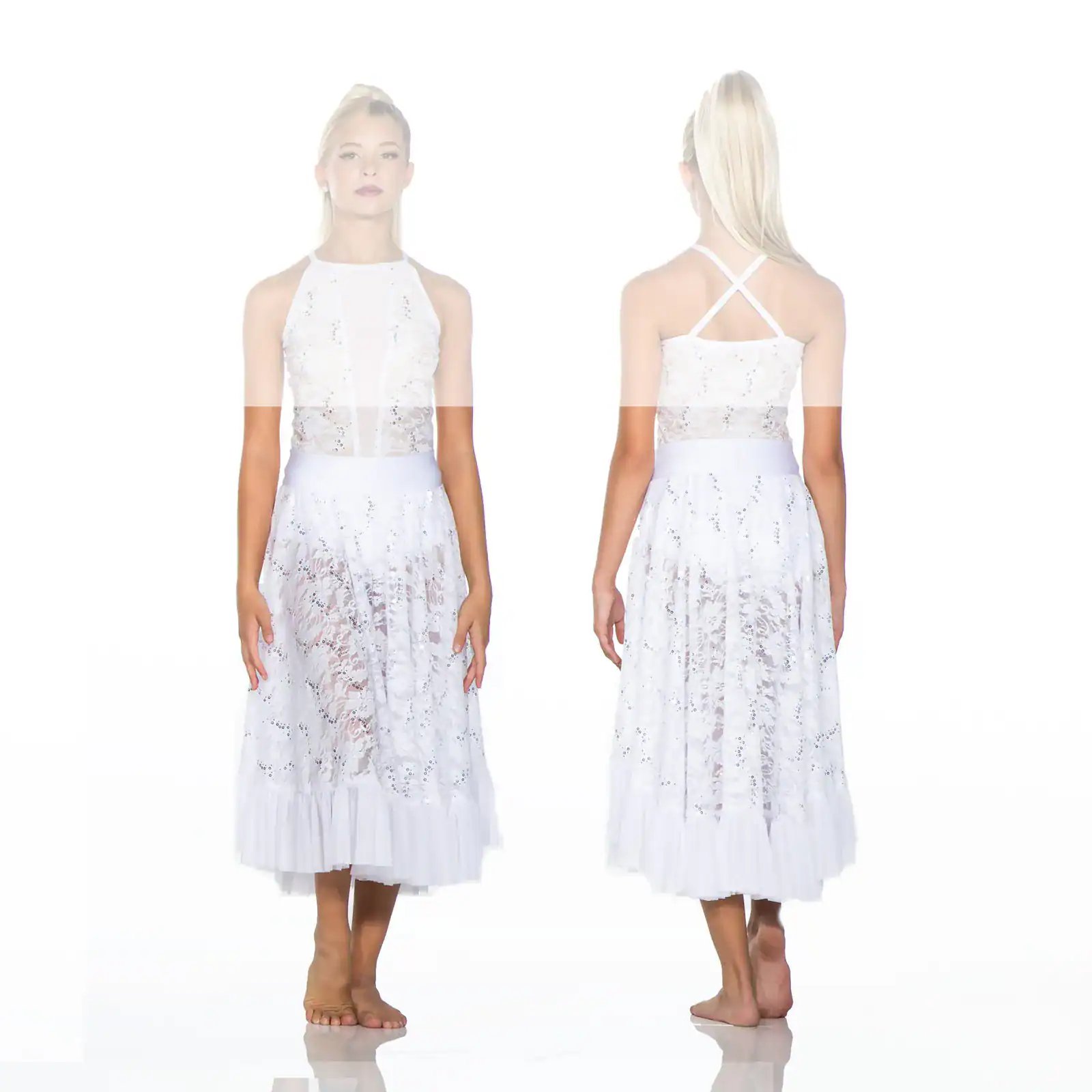 Front and back views of white sequined lace dress