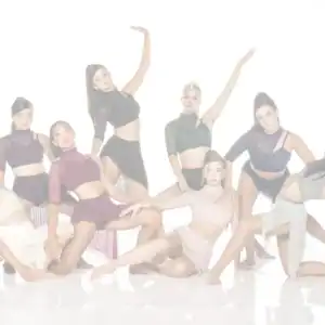 Eight dancers posing in contemporary costumes against white background