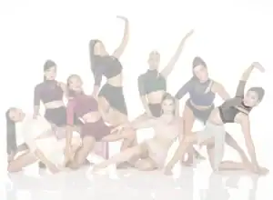 Eight female dancers pose in contemporary costumes against white background.