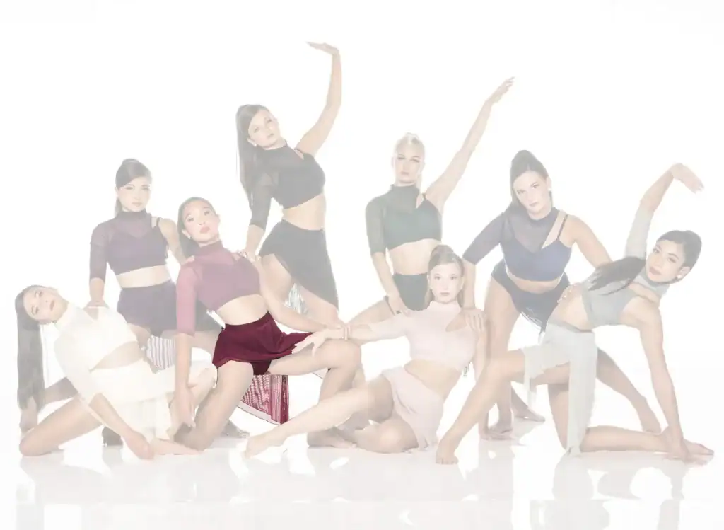 Eight dancers pose in contemporary costumes against white background.