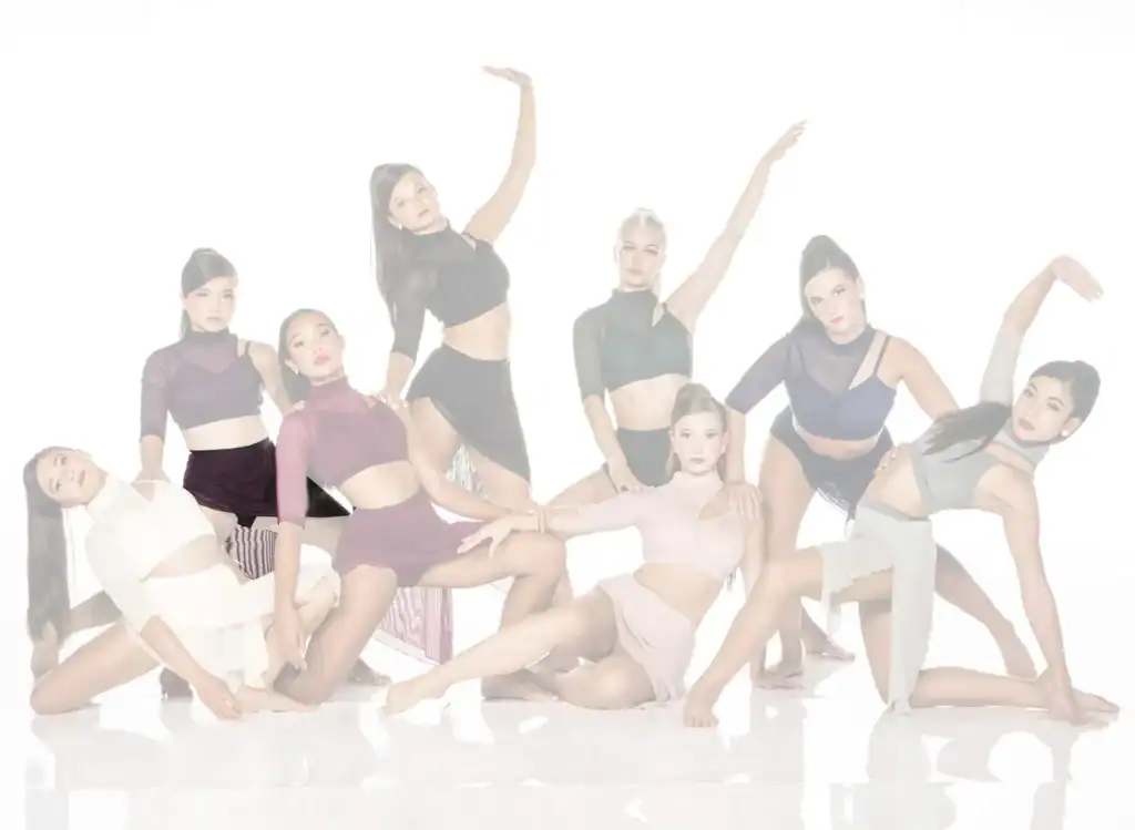 Eight female dancers pose in contemporary costumes against white background.