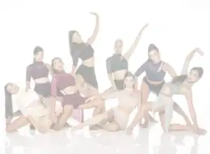 Eight young dancers pose in contemporary costumes against white background.