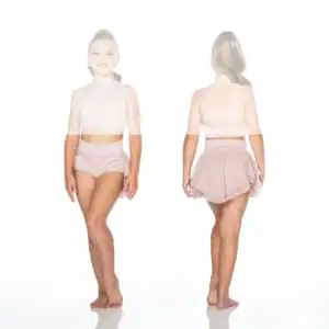 Girl modeling pale pink dance costume, front and back views