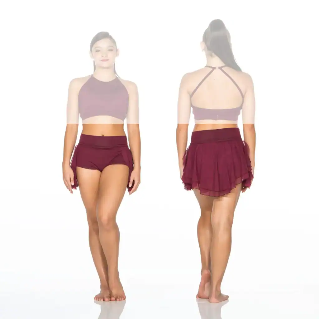 Front and back views of burgundy dance outfit