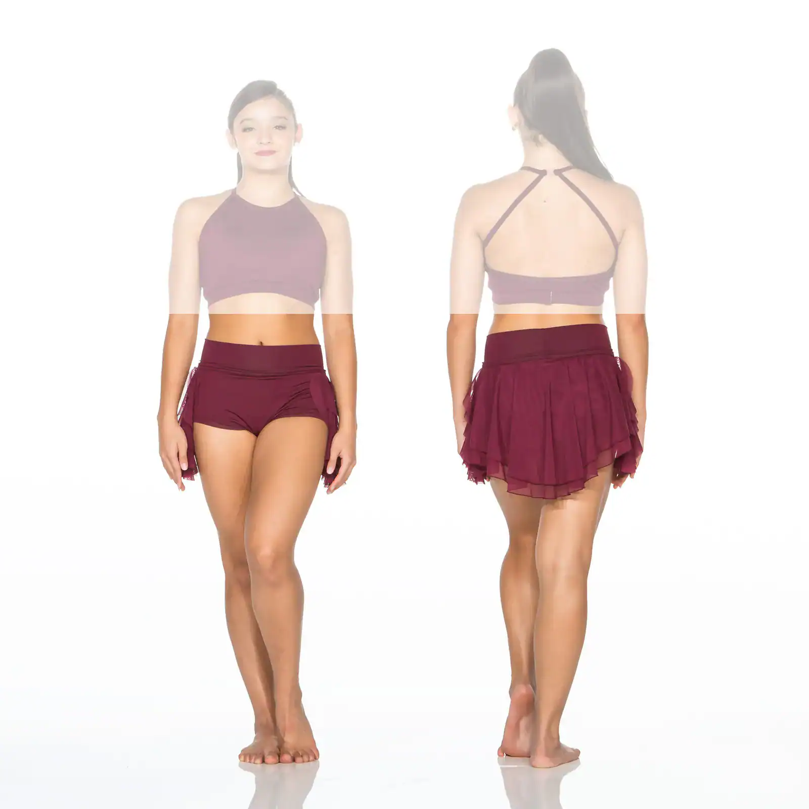 Front and back views of burgundy dance outfit