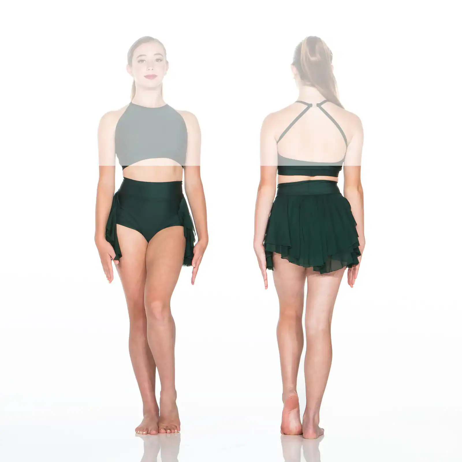 Front and back views of dark green dance costume