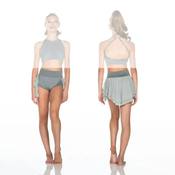 Front and back views of gray dance costume