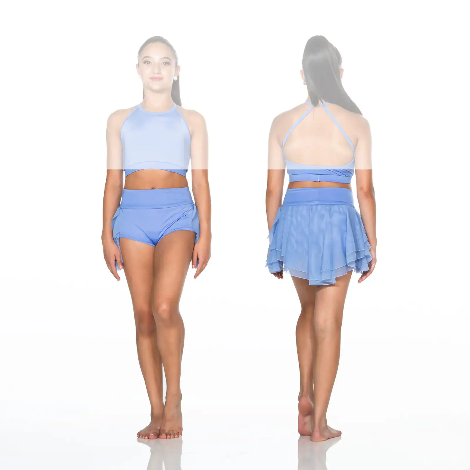 Model displays light blue dance top and layered skirt front and back.