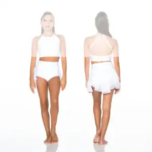 Front and back views of woman wearing white dance costume