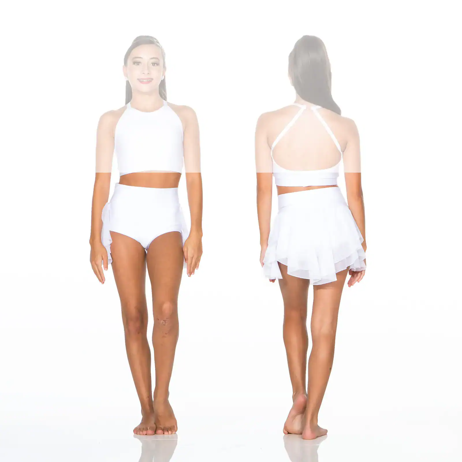 Front and back views of woman wearing white dance costume