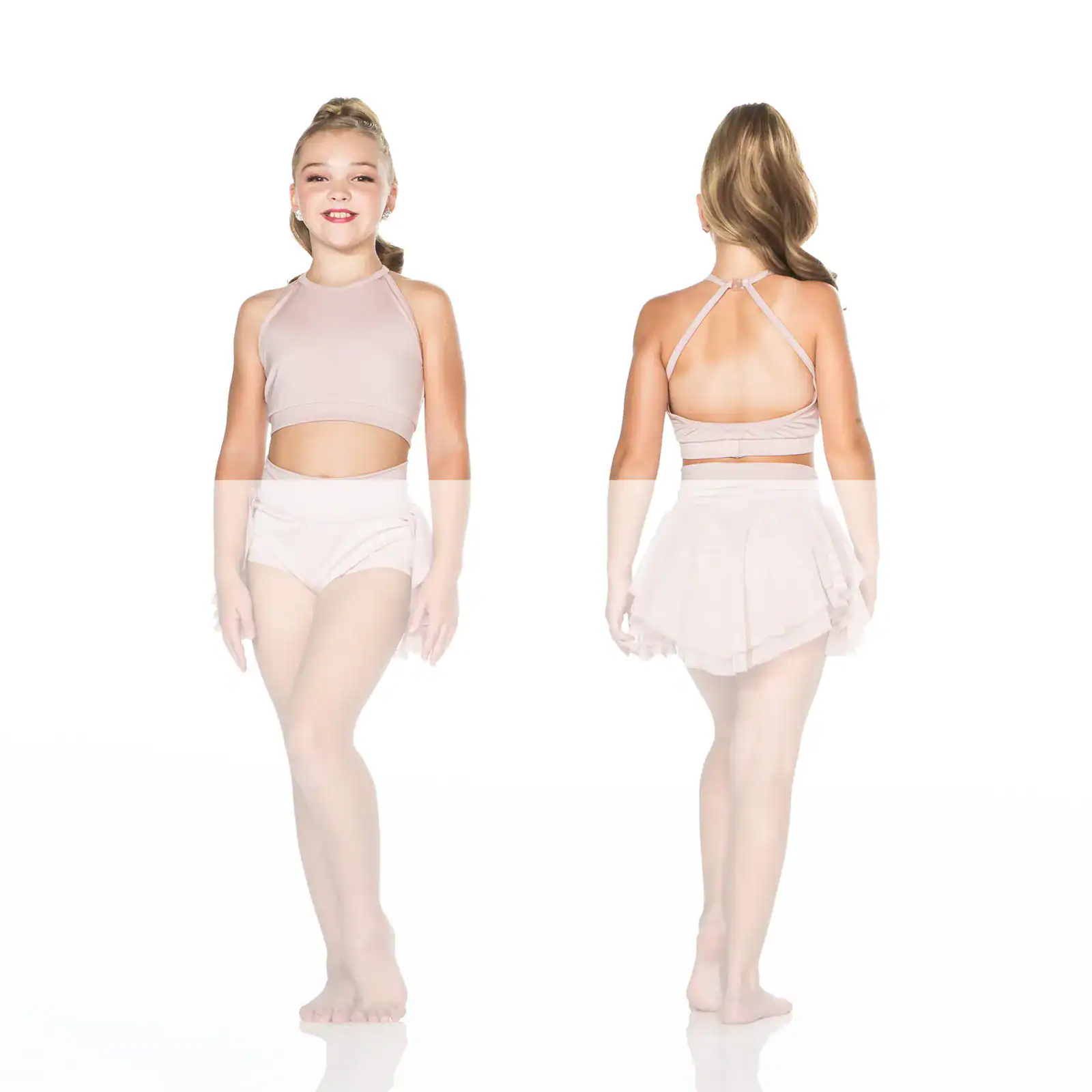 Girl modeling pale pink dance outfit, front and back views