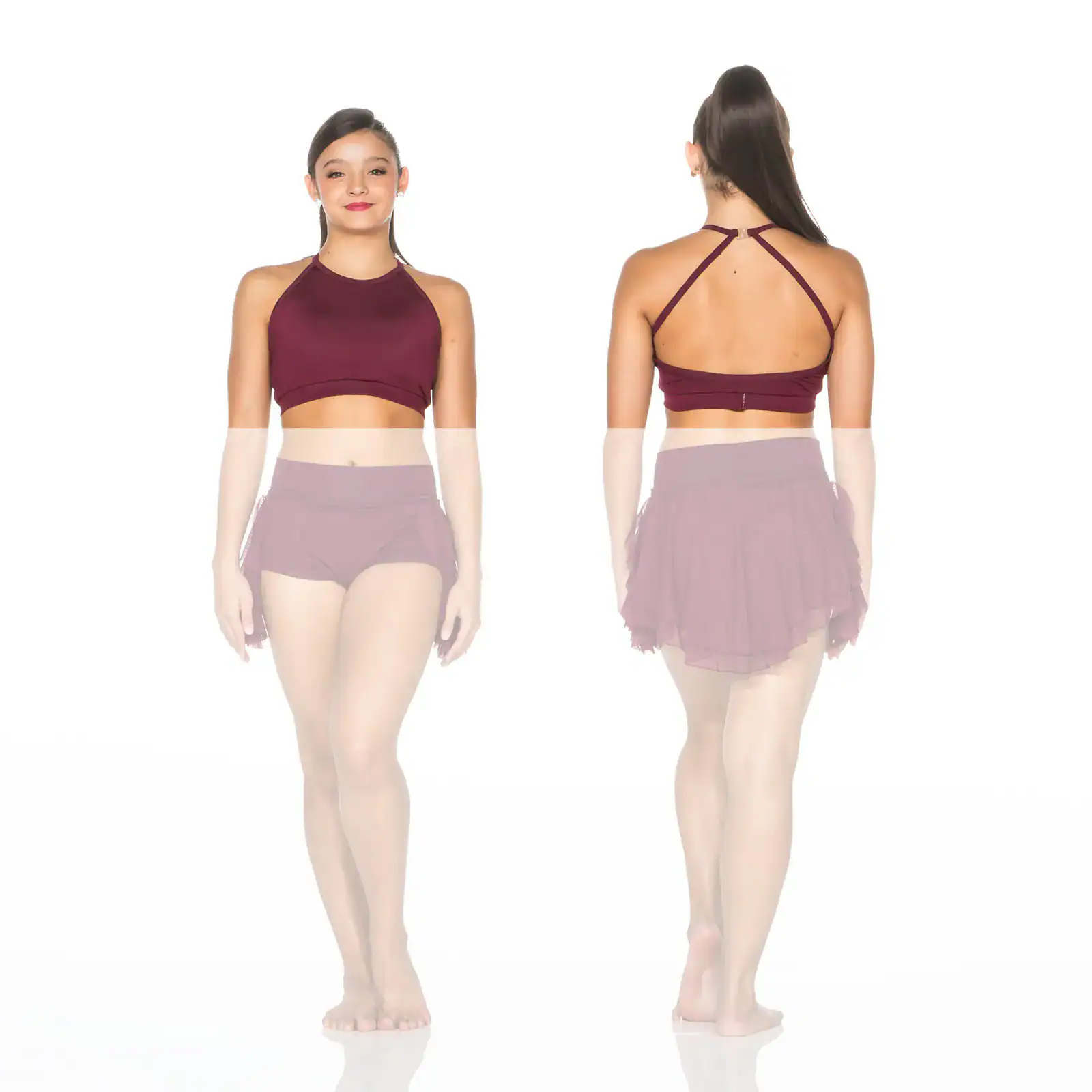 Front and back views of burgundy dance crop top