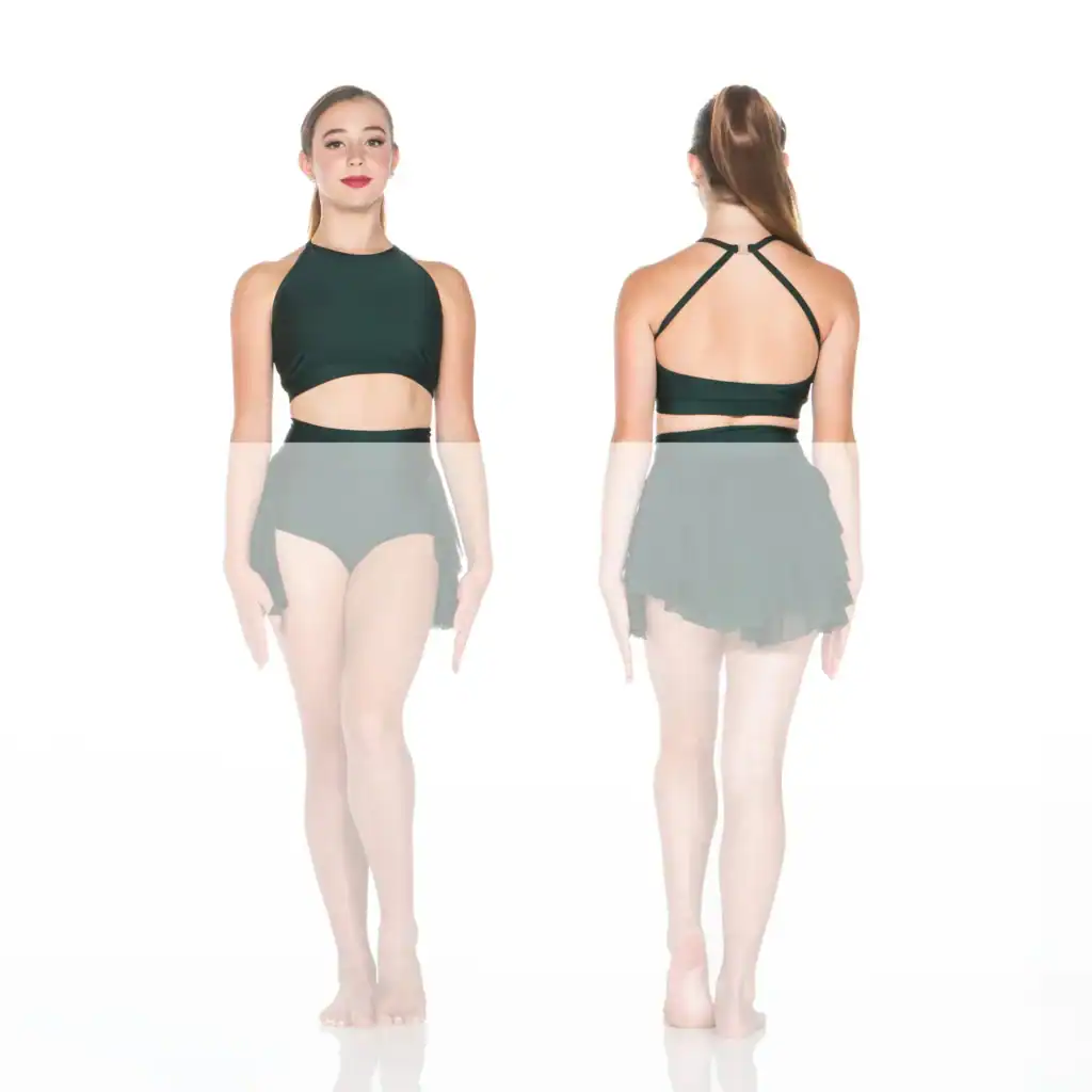 Front and back views of dancer in black costume