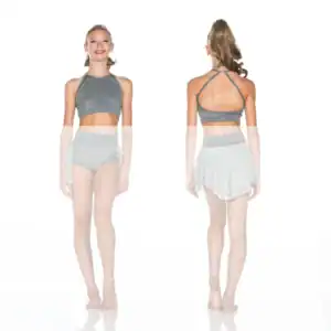 Front and back views of dancer in gray two-piece outfit