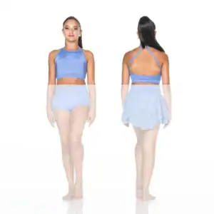 Front and back views of blue dancewear set