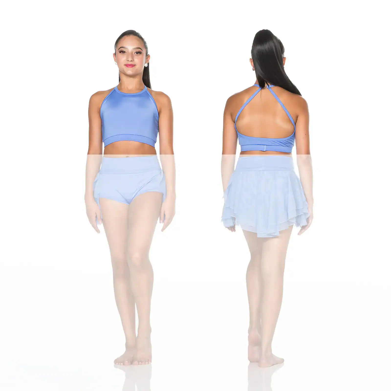 Front and back views of blue dancewear set