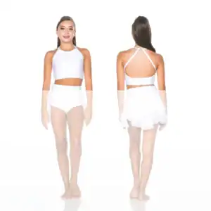 Front and back views of woman wearing white dance outfit