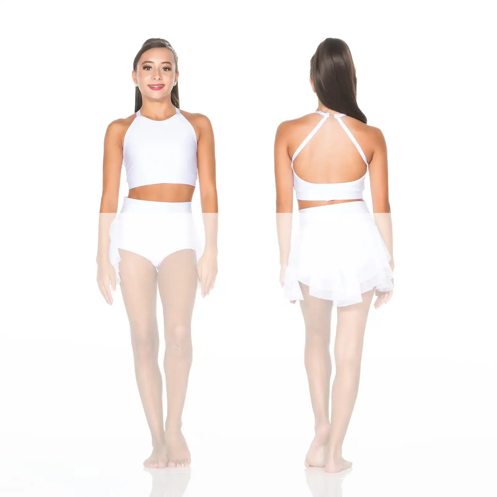 Front and back views of woman wearing white dance outfit