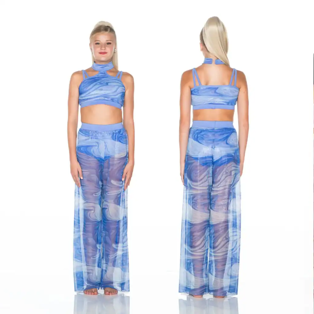Front and back views of blue patterned crop-top set