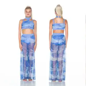 Front and back views of blue patterned crop-top set