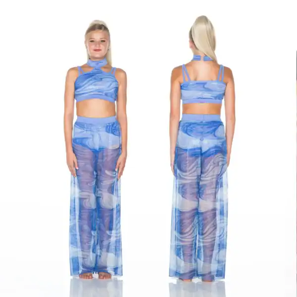 Front and back views of blue patterned crop-top set