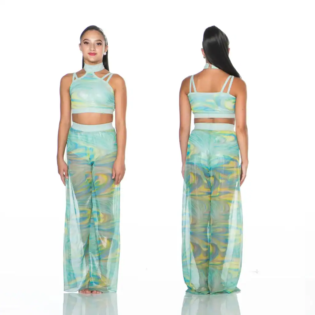 Front and back views of turquoise patterned crop-top set