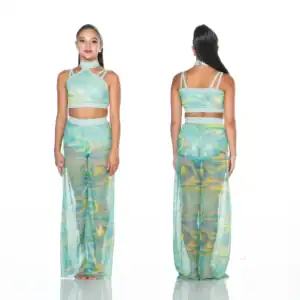 Front and back views of turquoise patterned crop-top set