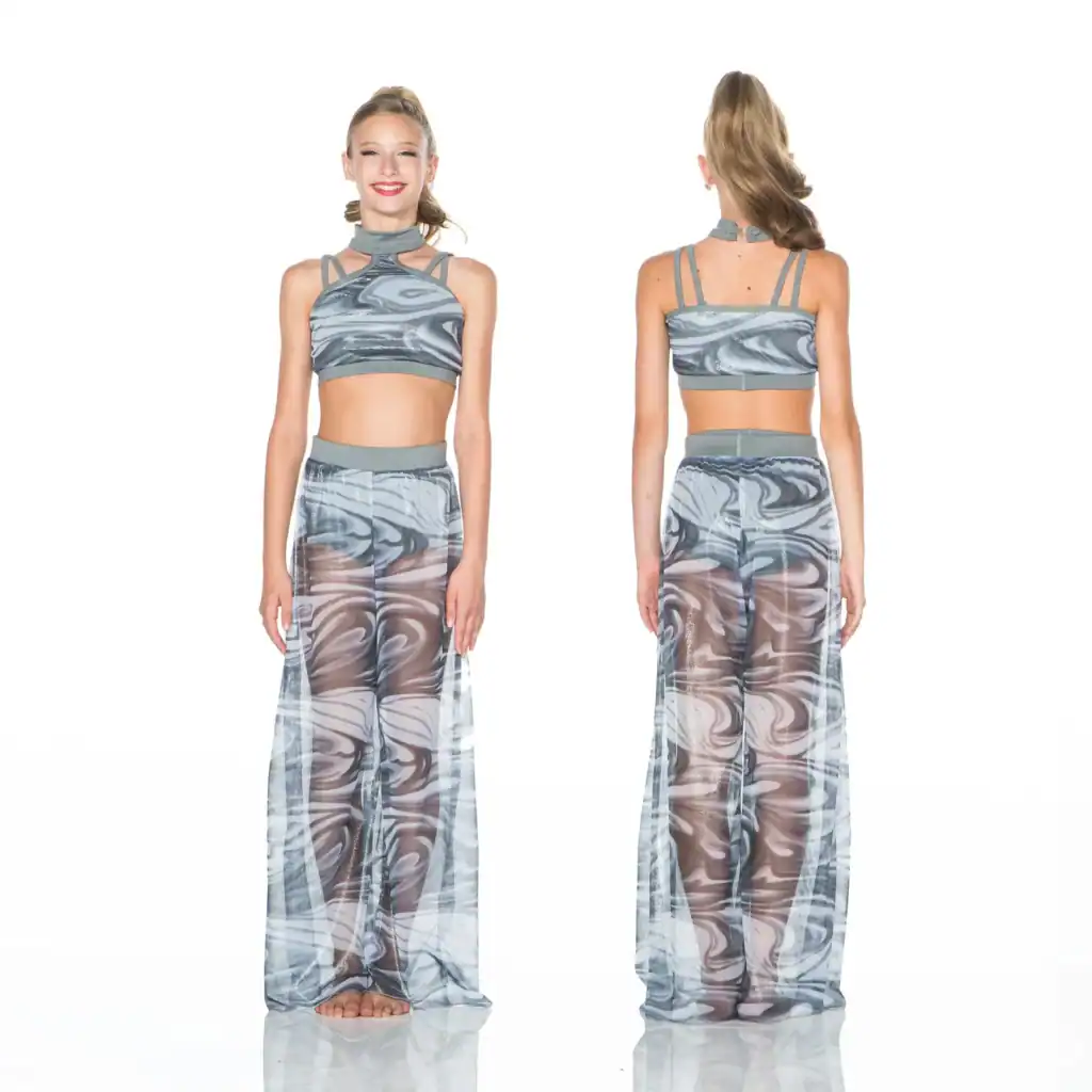 Front and back views of gray printed dance costume