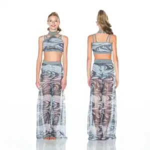 Front and back views of gray printed dance costume