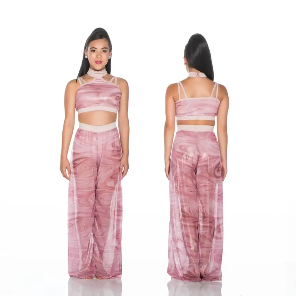 Front and back views of pink marbled crop-top outfit