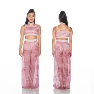 Front and back views of pink marbled crop-top outfit